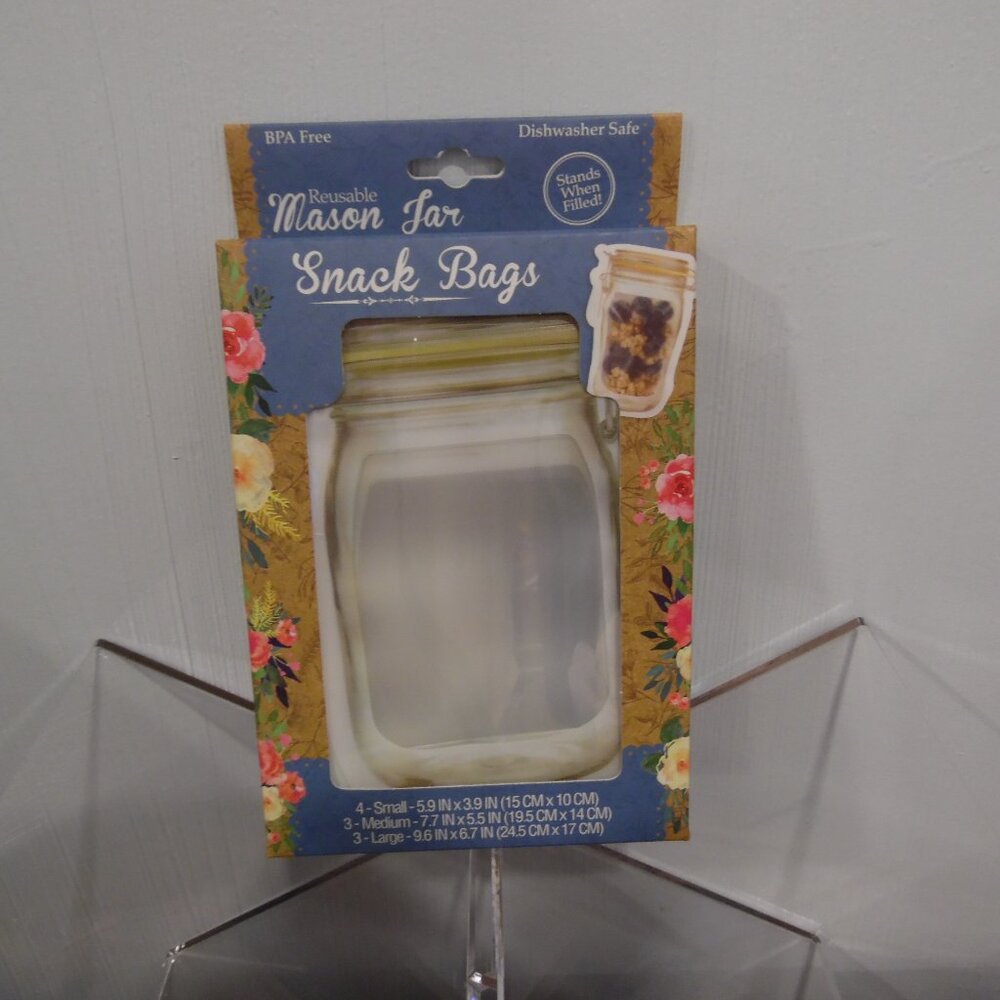 Mason Jar Reusable Snack Bags with zipper style tops 3 Sizes for 10 total bags